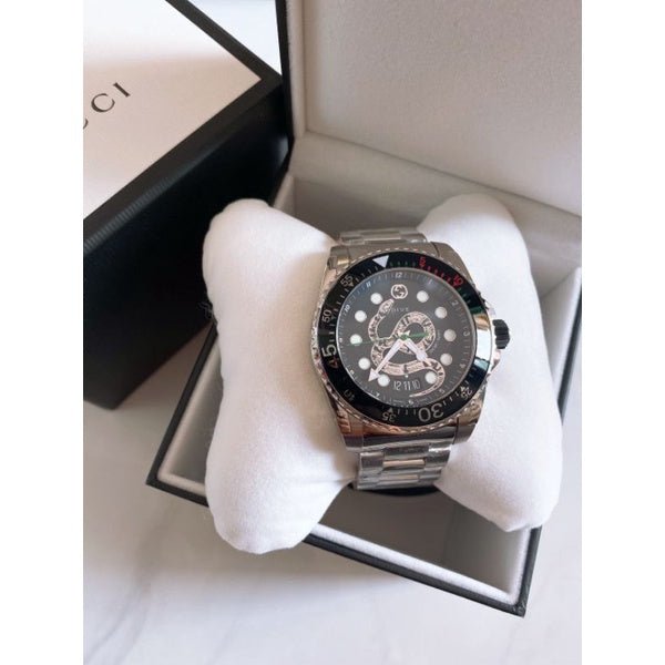Gucci Dive Snake Black Dial Silver Steel Strap Watch For Men - YA136218 Buy Now By Gucci