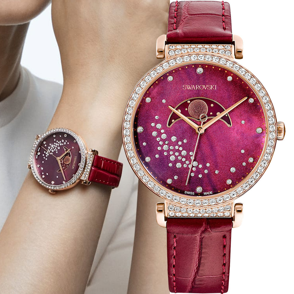 Swarovski Passage Moon Phase Red Dial Red Leather Strap Watch for Women - 5613323 Buy Now By Swarovski
