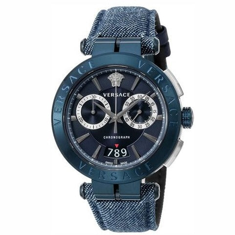Versace Aion Chronograph Blue Dial Blue Leather Strap Watch for Men - VBR070017 Buy Now By Versace