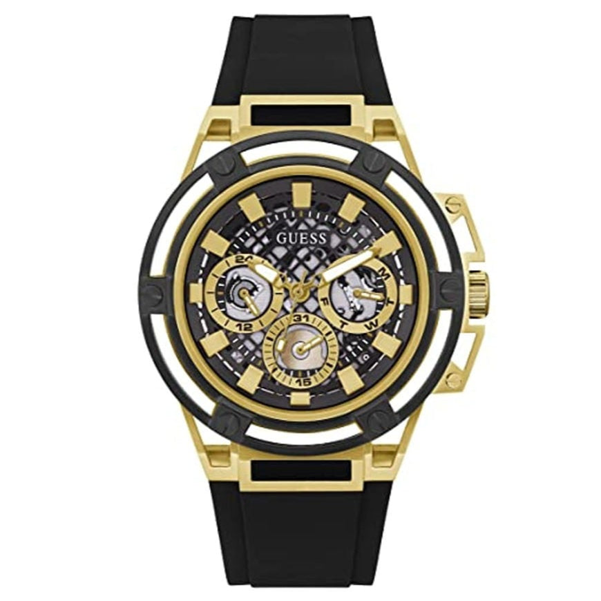 Guess Matrix Multifunction Gold Dial Black Rubber Strap Watch For Men - GW0423G2 Buy Now By Guess
