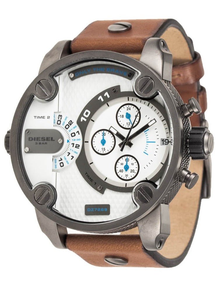 Diesel SBA Dual Time Chronograph White Dial Brown Leather Strap Watch For Men - DZ7269 Buy Now By Diesel