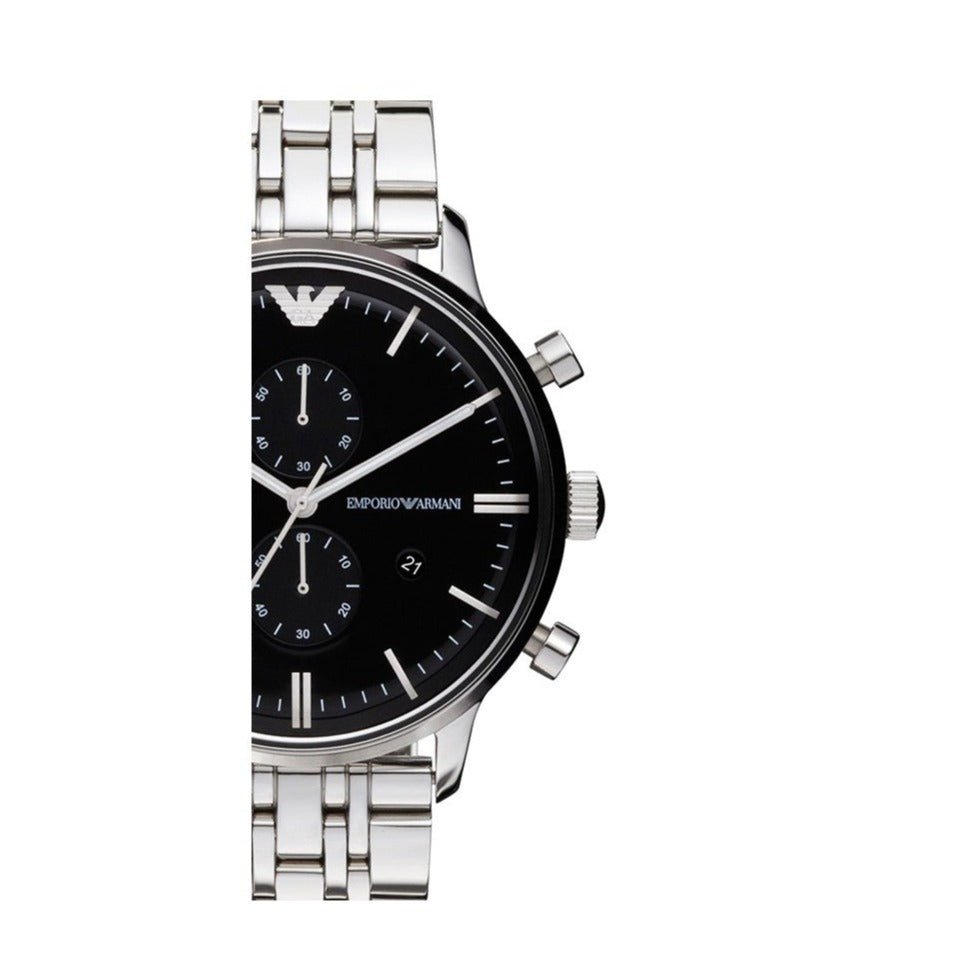Emporio Armani Gianni Chronograph Black Dial Silver Steel Strap Watch For Men - AR80009 Buy Now By Emporio Armani