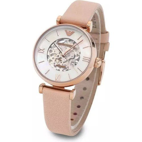 Emporio Armani Meccanico Silver Skeleton Dial Beige Leather Strap Watch For Women - AR60001 Buy Now By Emporio Armani