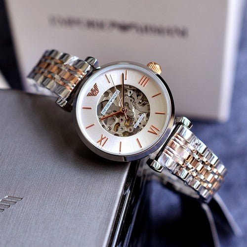 Emporio Armani Gianni T Bar Silver Skeleton Dial Two Tone Strap Watch For Women - AR1992 Buy Now By Emporio Armani