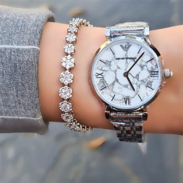 Emporio Armani Gianni T Bar White Marble Dial Silver Steel Strap Watch For Women - AR11170 Buy Now By Emporio Armani