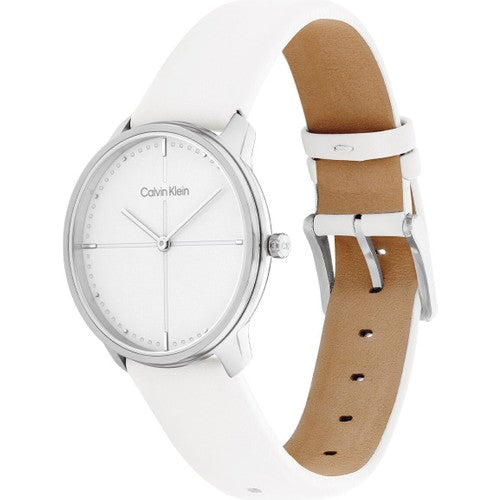 Calvin Klein Accent Silver Dial White Leather Strap Watch for Women - K2Y2X1K6 Buy Now By Calvin Klein