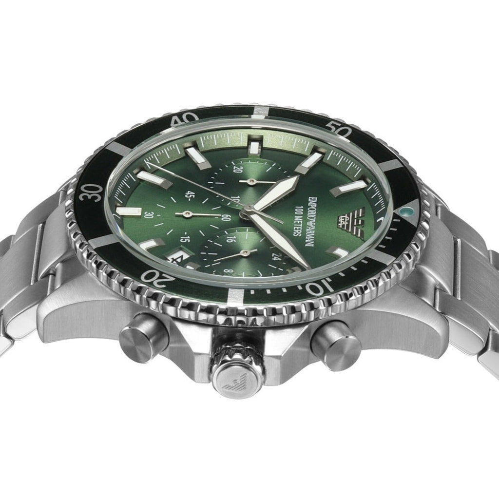 Emporio Armani Diver Chronograph Green Dial Silver Steel Strap Watch For Men - AR11500 Buy Now By Emporio Armani