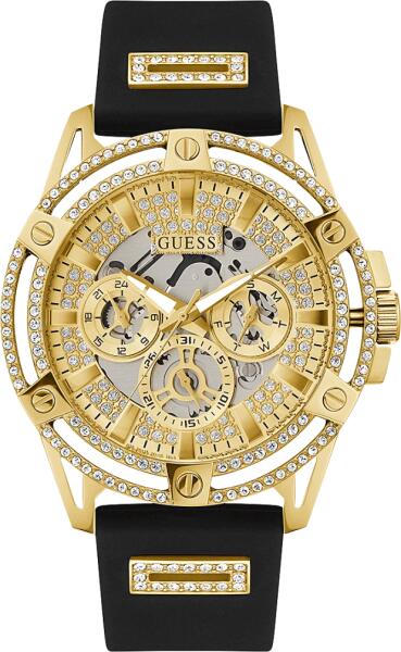 Guess King Quartz Crystals Gold Dial Black Silicone Strap Watch For Men - GW0537G2 Buy Now By Guess