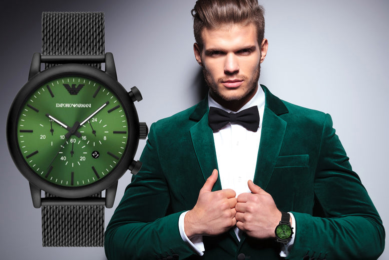 Emporio Armani Luigi Chronograph Green Dial Black Mesh Bracelet Watch For Men - AR11470 Buy Now By Emporio Armani