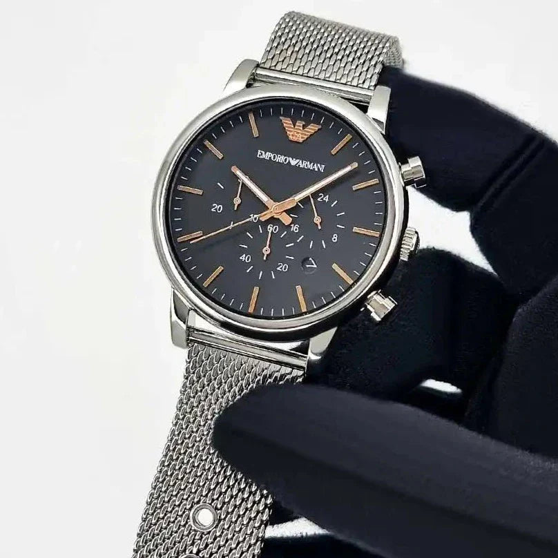 Emporio Armani Luigi Chronograph Quartz Black Dial Silver Mesh Bracelet Watch For Men - AR11429 Buy Now By Emporio Armani