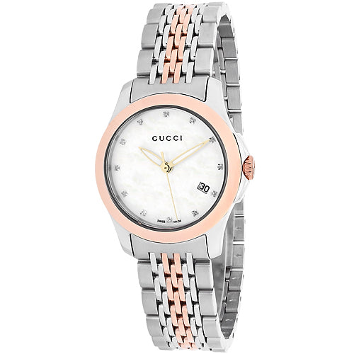 Gucci G Timeless Diamonds Mother of Pearl Dial Two Tone Mesh Bracelet Watch For Women - YA126514 Buy Now By Gucci