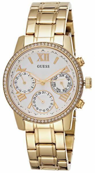 Guess Mini Sunrise Diamonds Silver Dial Gold Steel Strap Watch for Women - W0623L3 Buy Now By Guess