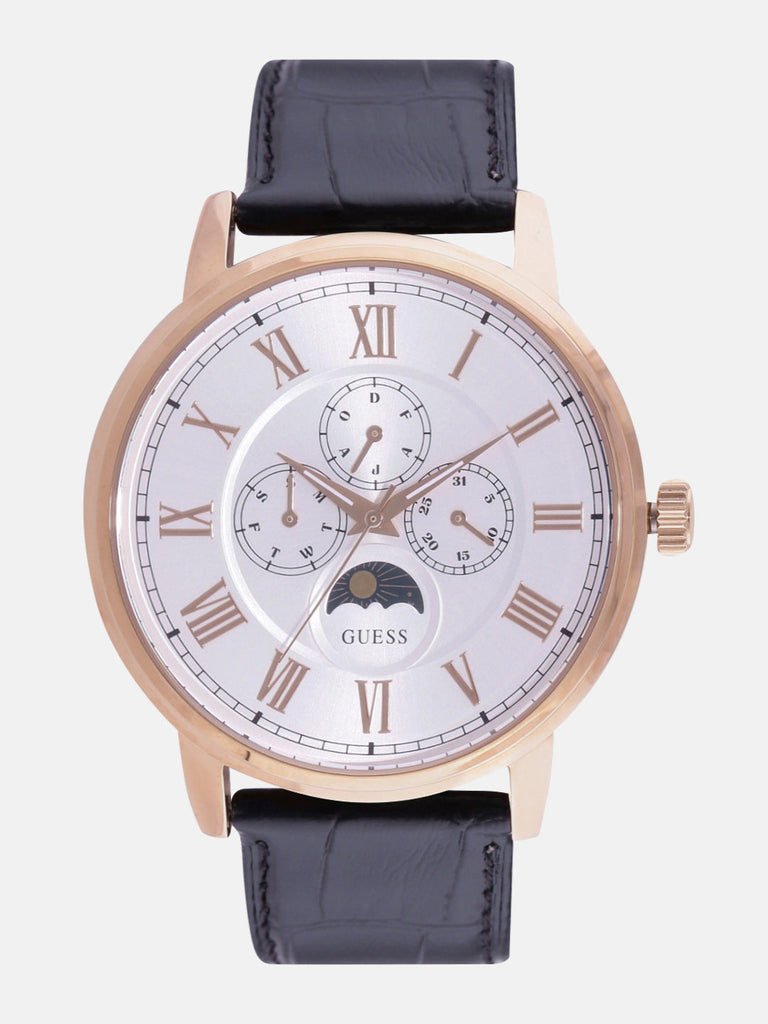 Guess Delancy Quartz Silver Dial Black Leather Strap Watch For Men - W0870G2 Buy Now By Guess