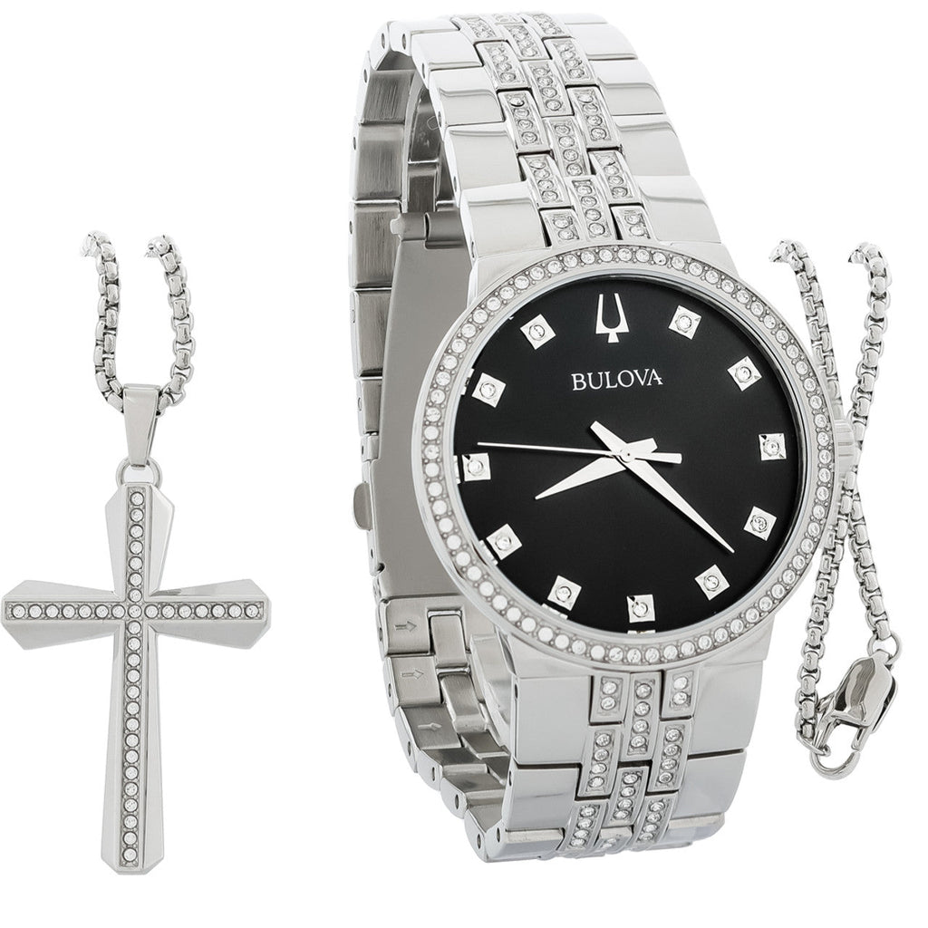 Bulova Crystal Collection Black Dial Silver Steel Strap Watch for Men - 96K102 Buy Now By Bulova