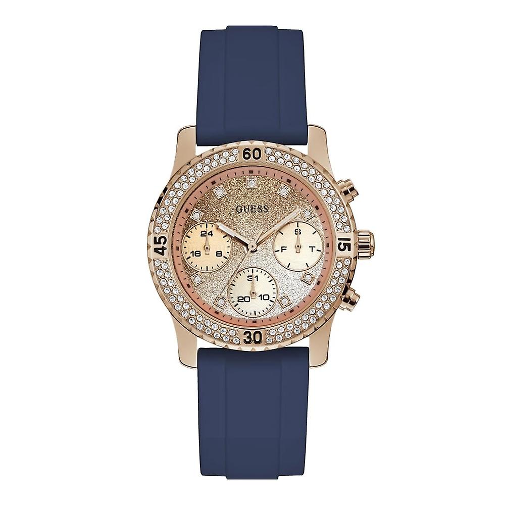 Guess Confetti Diamonds Gold Dial Blue Rubber Strap Watch For Women - W1098L6 Buy Now By Guess