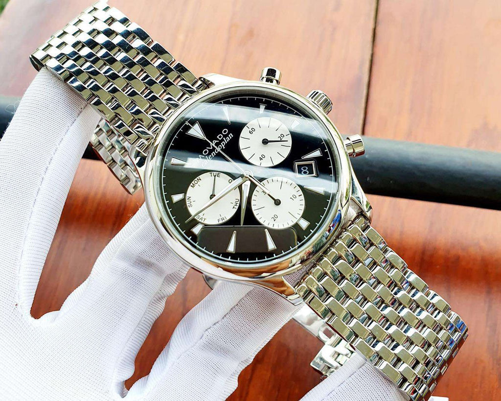 Movado Heritage Calendoplan Chronograph Black Dial Silver Steel Strap Watch for Men - 3650014 Buy Now By Movado