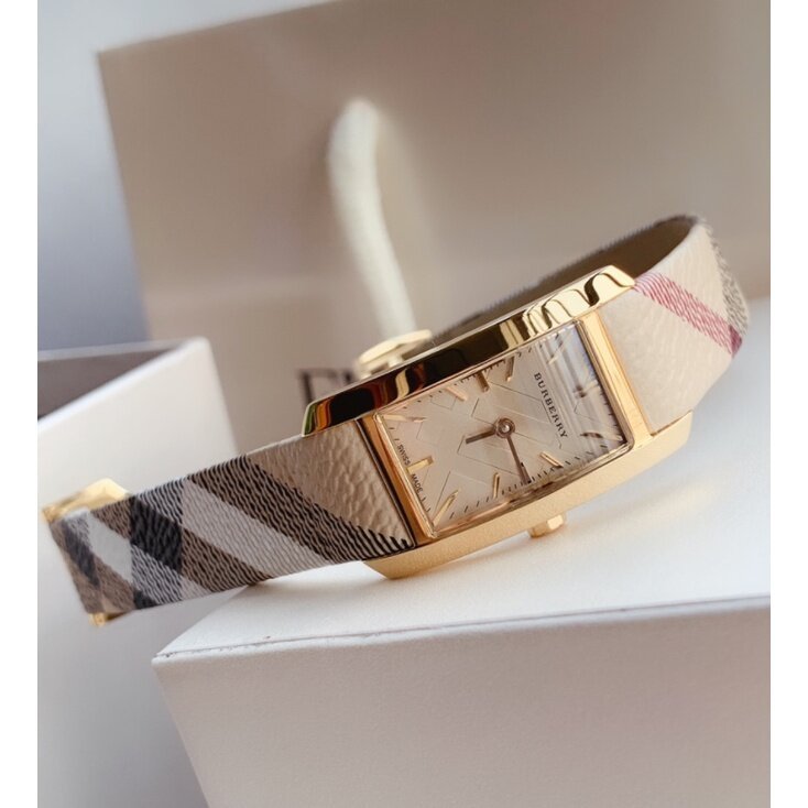 Burberry Pioneer Gold Dial Haymarket Beige Leather Strap Watch for Women - BU9509 Buy Now By Burberry