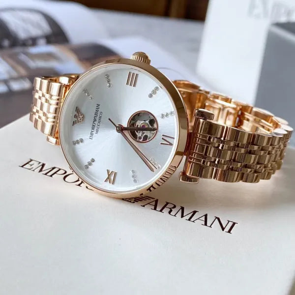 Emporio Armani Gianni T-Bar Silver Dial Rose Gold Steel Strap Watch For Women - AR60023 Buy Now By Emporio Armani