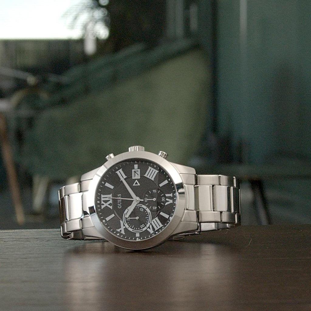 Guess Atlas Chronograph Black Dial Silver Steel Strap Watch For Men - W0668G3 Buy Now By Guess