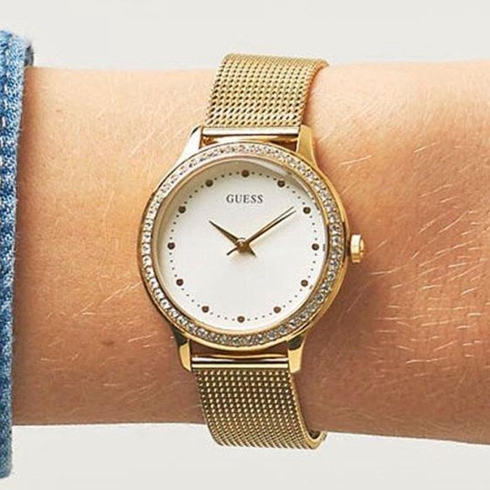 Guess Chelsea Crystals Mother of Pearl White Dial Gold Mesh Bracelet Watch For Women - W0647L7 Buy Now By Guess