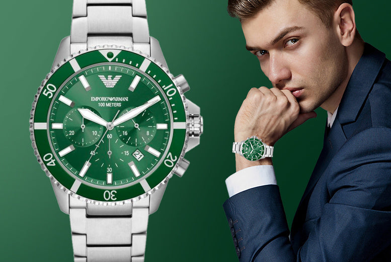 Emporio Armani Diver Chronograph Green Dial Silver Steel Strap Watch For Men - AR11500 Buy Now By Emporio Armani