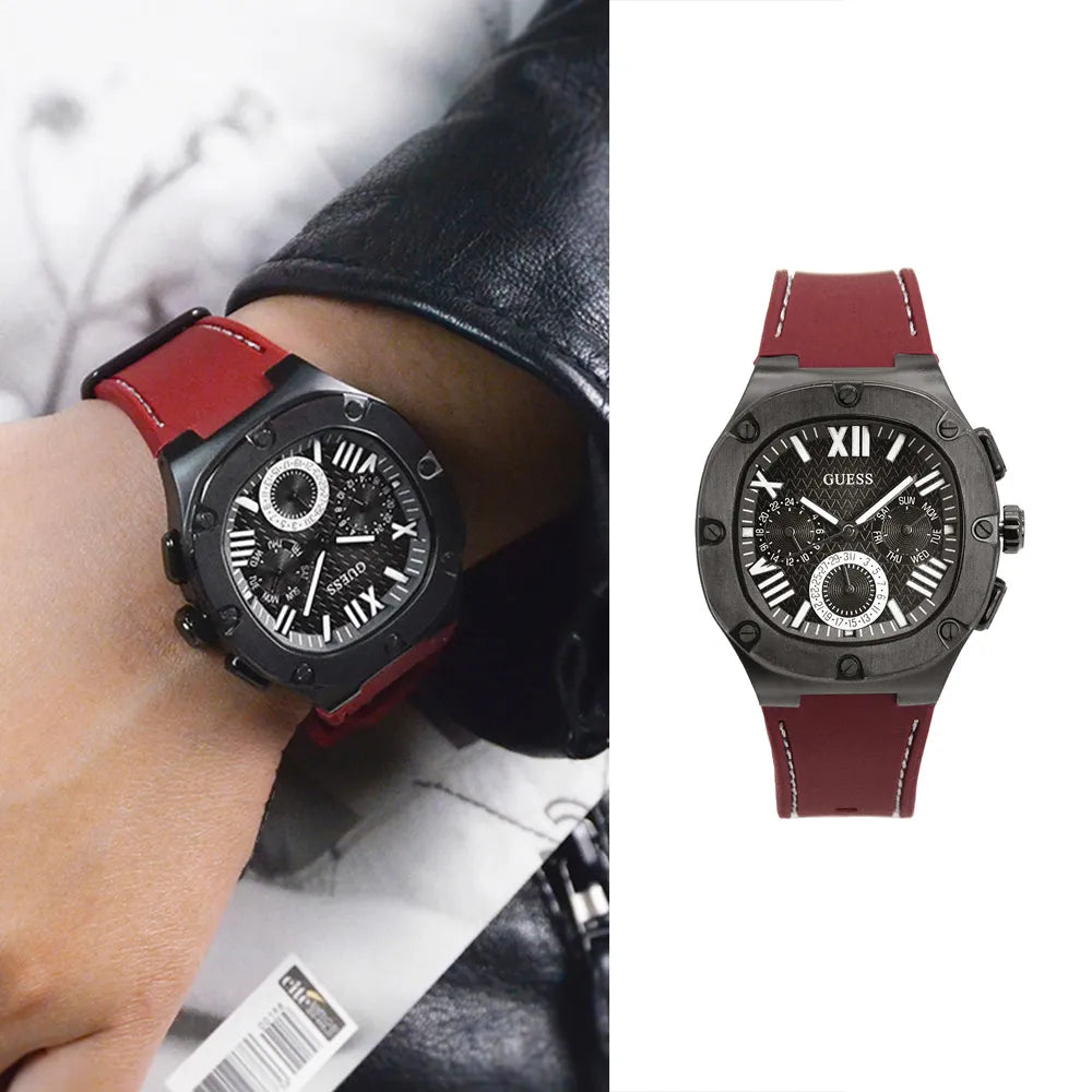Guess Headline Multifunction Grey Dial Burgundy Silicone Strap Watch For Men - GW0571G4 Buy Now By Guess