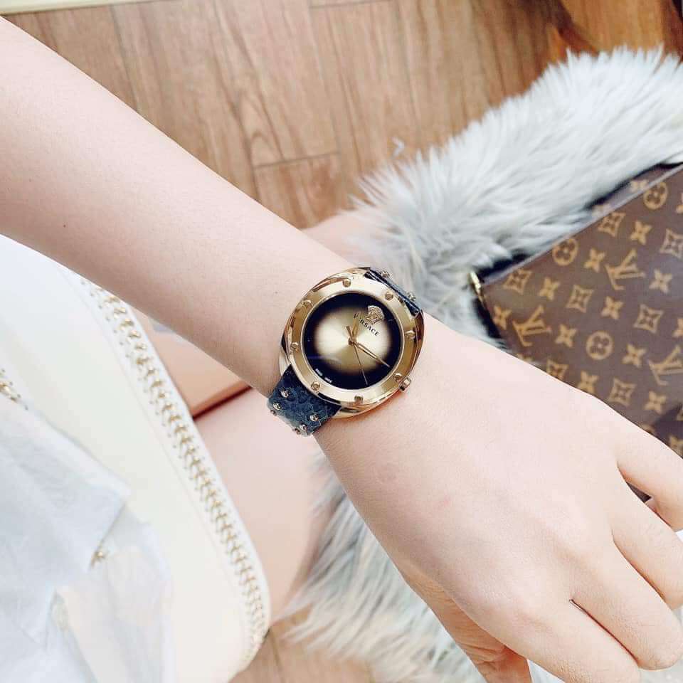 Versace Shadov Quartz Gold Dial Black Leather Strap Watch for Women - VEBM00318 Buy Now By Versace