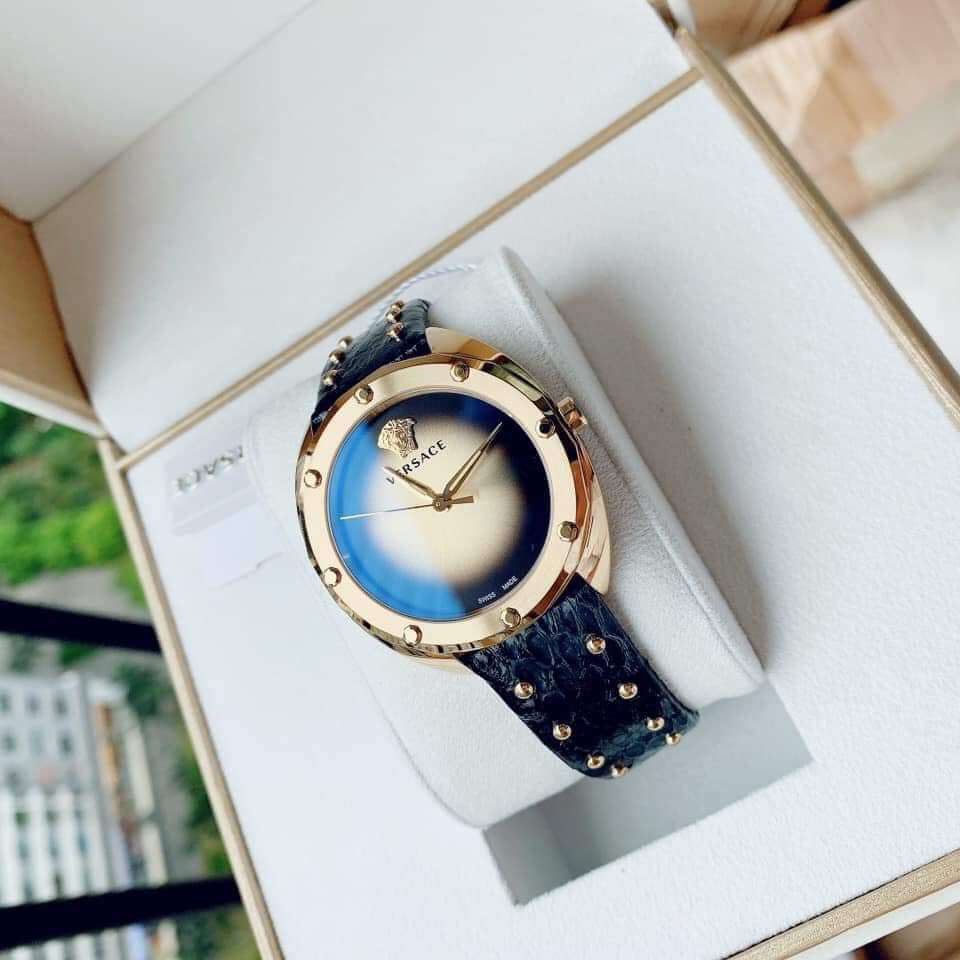 Versace Shadov Quartz Gold Dial Black Leather Strap Watch for Women - VEBM00318 Buy Now By Versace