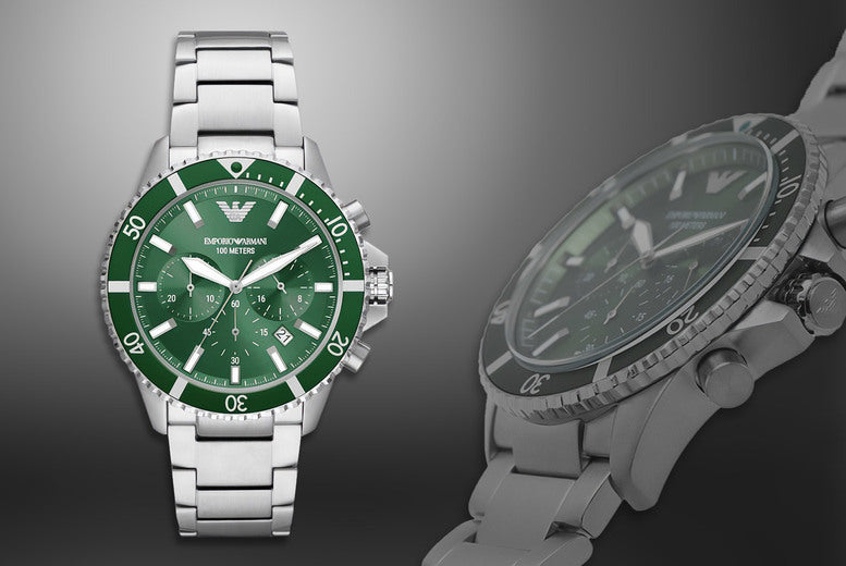 Emporio Armani Diver Chronograph Green Dial Silver Steel Strap Watch For Men - AR11500 Buy Now By Emporio Armani