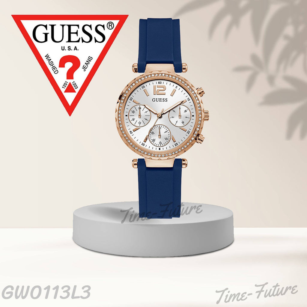 Guess Solstice Diamonds Silver Dial Blue Rubber Strap Watch for Women - GW0113L3 Buy Now By Guess