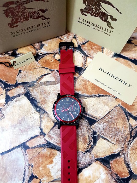 Burberry The City Chronograph Black Dial Red Rubber Strap Watch For Men - BU9805 Buy Now By Burberry