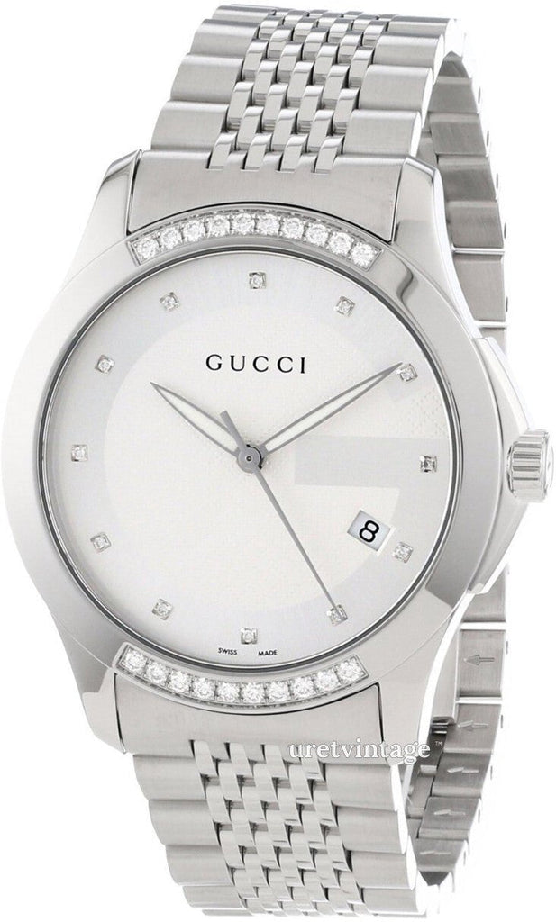 Gucci G Timeless Diamonds Silver Dial Silver Steel Strap Watch For Men - YA126407 Buy Now By Gucci