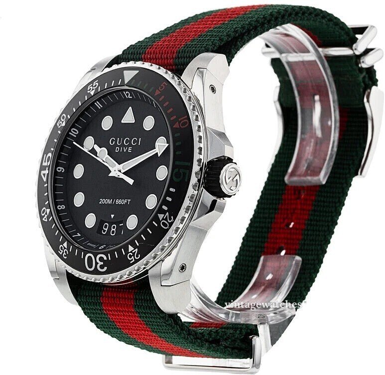 Gucci Dive Black Dial Red & Green Nylon Strap Watch For Men - YA136209 Buy Now By Gucci