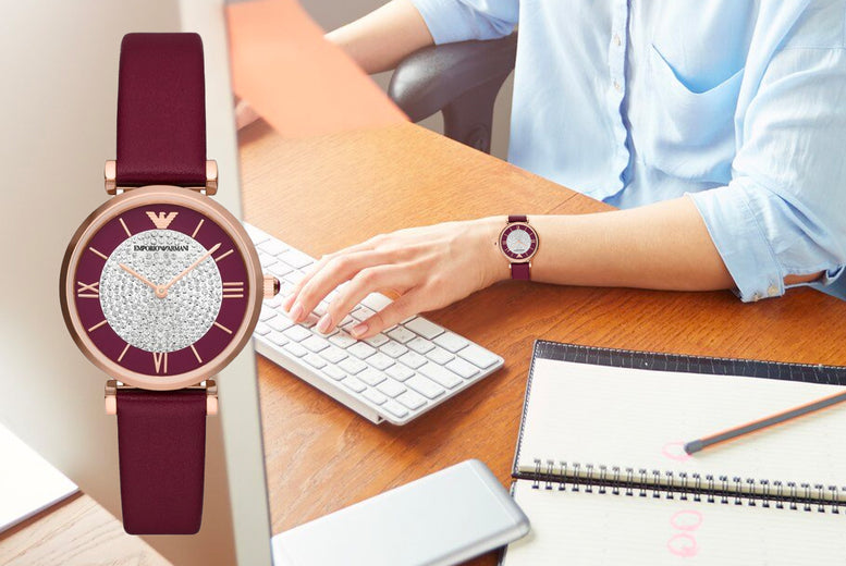 Emporio Armani Gianni T Bar Crystals Maroon Dial Maroon Leather Strap Watch for Women - AR11487 Buy Now By Emporio Armani