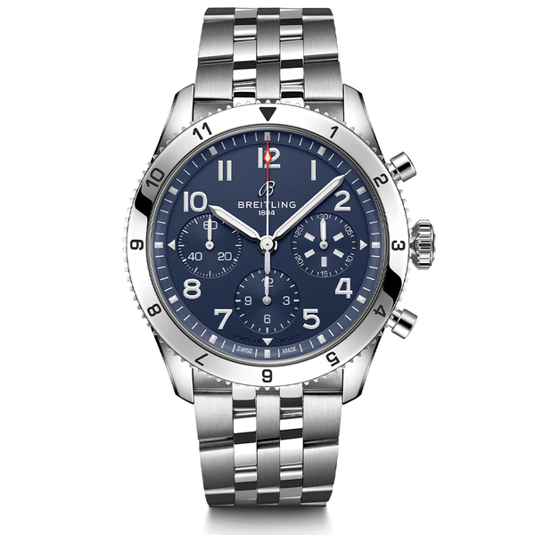 Breitling Avi Chronograph 42 Tribute to Vought F4U Corsair Blue Dial Silver Steel Strap Watch for Men - A233801A1C1A1 Buy Now By Breitling