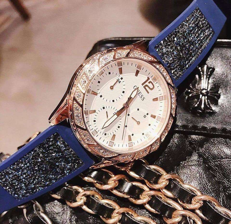 Guess Swirl Analog Quartz White Dial Blue Rubber Strap Watch for Women - W1096L4