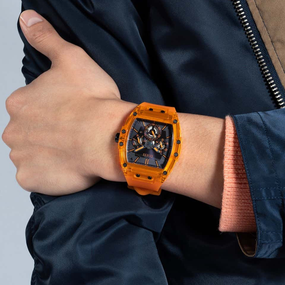 Guess Phoenix Multifunction Black Dial Orange Rubber Strap Watch For Men - GW0203G10 Buy Now By Guess