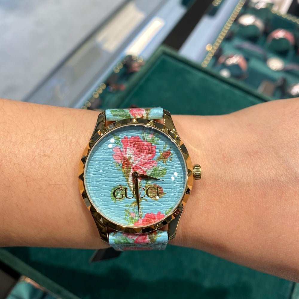 Gucci G Timeless Floral Turquoise Dial Turquoise Leather Strap Watch For Women - YA1264085 Buy Now By Gucci