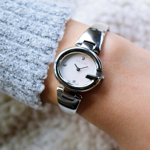 Gucci Guccissima Diamonds Mother of Pearl Dial Silver Steel Strap Watch For Women - YA134504 Buy Now By Gucci