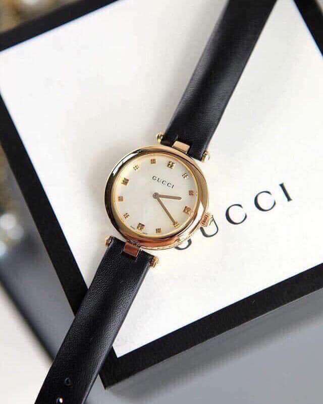 Gucci Diamantissima Quartz Mother of Pearl Dial Black Leather Strap Watch for Women - YA141404 Buy Now By Gucci