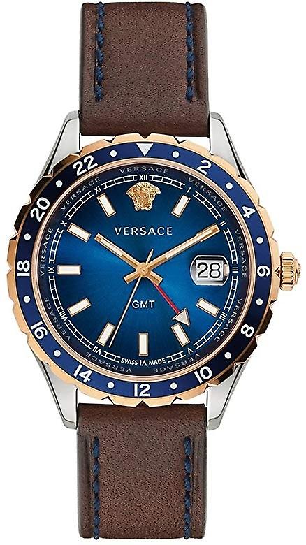 Versace Hellenyium GMT Blue Dial Brown Leather Strap Watch for Men - V11080017 Buy Now By Versace