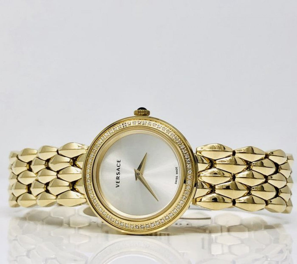 Versace V Flare Diamonds Silver Dial Gold Steel Strap Watch for Women - VEBN00918 Buy Now By Versace