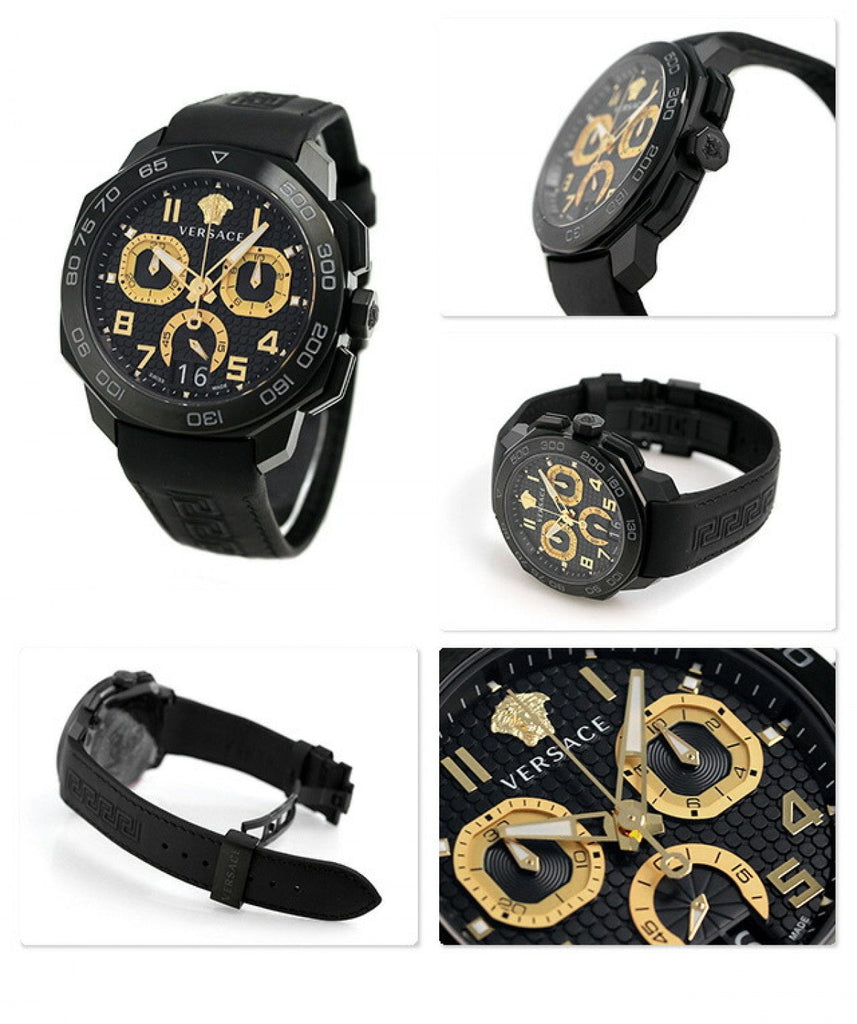 Versace Dylos Chronograph Black Dial Black Rubber Strap Watch for Men - VQC020015 Buy Now By Versace