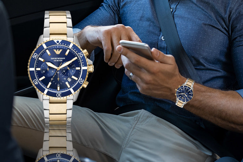 Emporio Armani Mario Chronograph Blue Dial Two Tone Steel Strap Watch For Men - AR11362 Buy Now By Emporio Armani