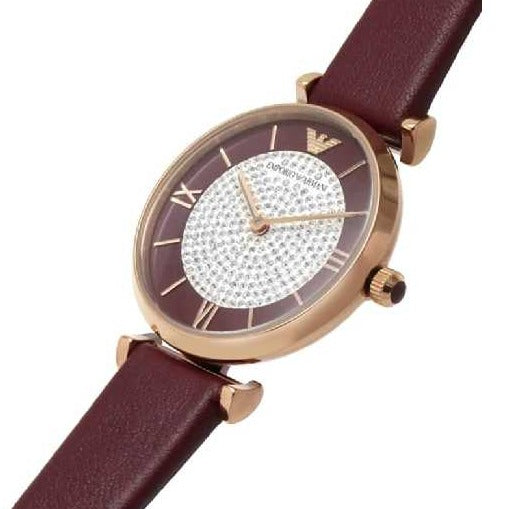 Emporio Armani Gianni T Bar Crystals Maroon Dial Maroon Leather Strap Watch for Women - AR11487 Buy Now By Emporio Armani