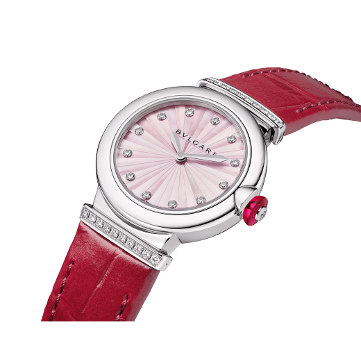 Bvlgari Lvcea Intarsio Diamonds Mother of Pearl Pink Dial Red Leather Strap Watch for Women - LVCEA103619 Buy Now By Bvlgari