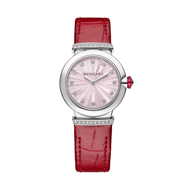 Bvlgari Lvcea Intarsio Diamonds Mother of Pearl Pink Dial Red Leather Strap Watch for Women - LVCEA103619 Buy Now By Bvlgari