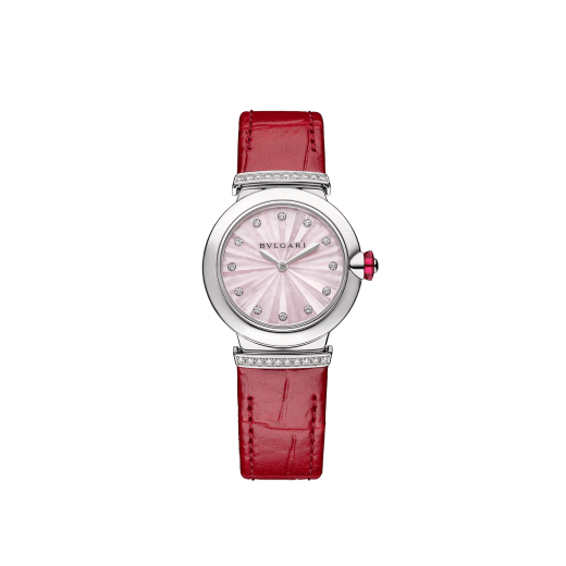 Bvlgari Lvcea Intarsio Diamonds Mother of Pearl Pink Dial Red Leather Strap Watch for Women - LVCEA103619 Buy Now By Bvlgari