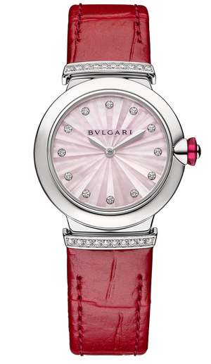 Bvlgari Lvcea Intarsio Diamonds Mother of Pearl Pink Dial Red Leather Strap Watch for Women - LVCEA103619 Buy Now By Bvlgari