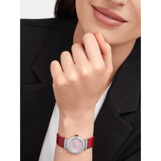 Bvlgari Lvcea Intarsio Diamonds Mother of Pearl Pink Dial Red Leather Strap Watch for Women - LVCEA103619 Buy Now By Bvlgari
